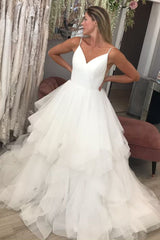 Sheath V-neck Spaghetti Strap Floor Length Backless Tulle Applique Wedding Dress-Ballbella