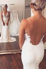 Sheer back Mermaid Wedding Dress Sleeveless Lace summer Beach Bridal Gowns-Ballbella