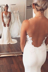 Sheer back Mermaid Wedding Dress Sleeveless Lace summer Beach Bridal Gowns-Ballbella