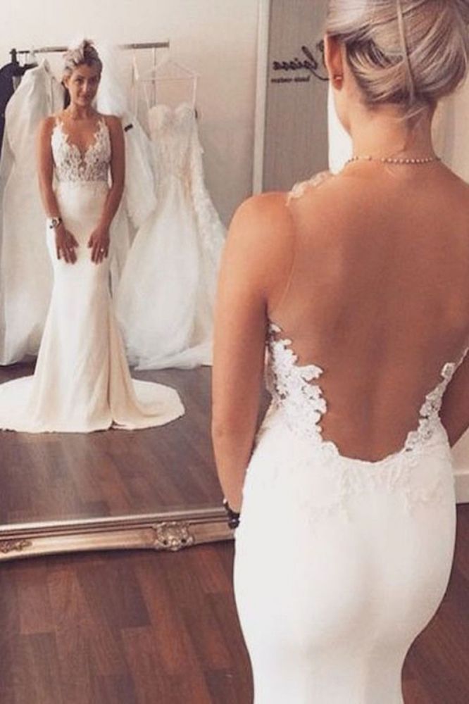 Sheer back Mermaid Wedding Dress Sleeveless Lace summer Beach Bridal Gowns-Ballbella