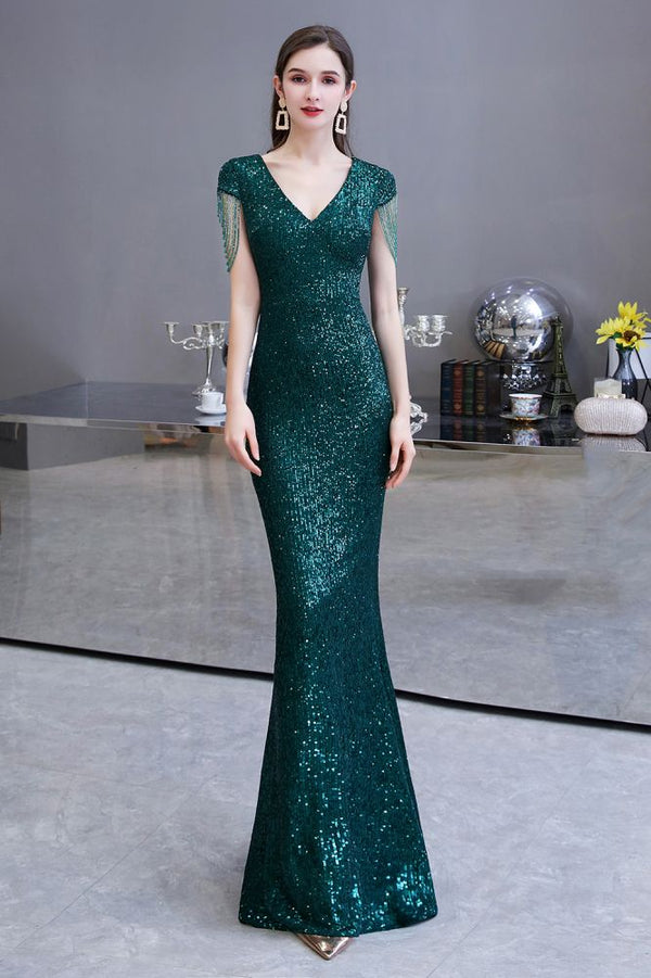 Shining Sequined Emerald Green Mermaid Cap sleeve Long Prom Party Gowns-Ballbella