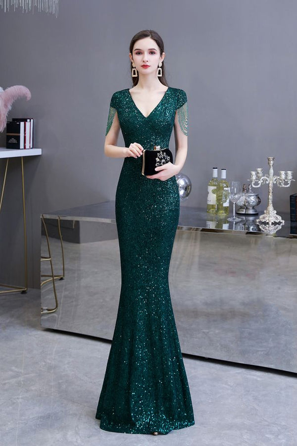 Shining Sequined Emerald Green Mermaid Cap sleeve Long Prom Party Gowns-Ballbella