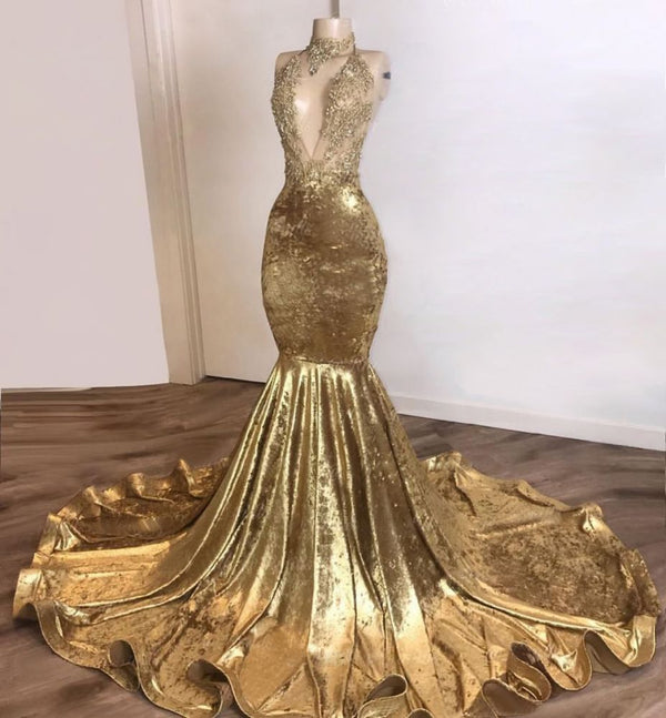 Shinning Champagne Gold Deep V-neck Court Train Mermaid Prom Dresses-Ballbella