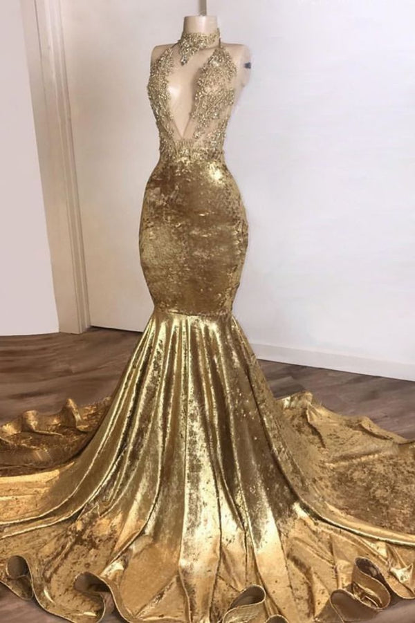 Shinning Champagne Gold Deep V-neck Court Train Mermaid Prom Dresses-Ballbella