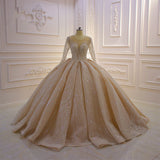 Shiny Ball Gown Tulle Jewel Long Sleevess Ruffless Wedding Dress-Ballbella