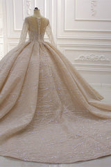 Shiny Ball Gown Tulle Jewel Long Sleevess Ruffless Wedding Dress-Ballbella