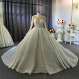 Shiny Ball Gown Tulle Jewel Long Sleevess Ruffless Wedding Dress-Ballbella