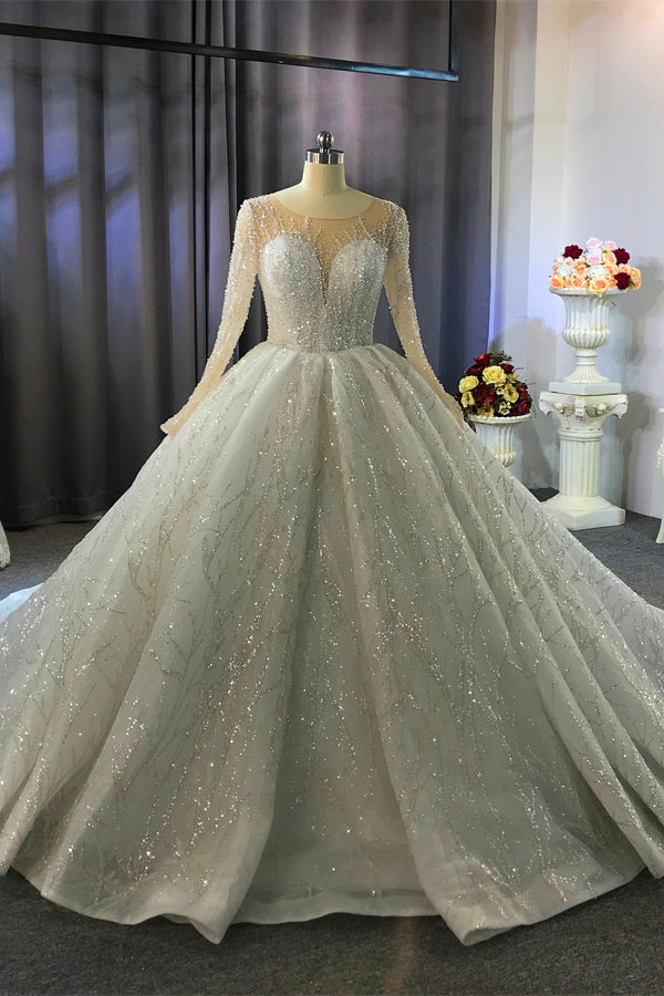 Shiny Ball Gown Tulle Jewel Long Sleevess Ruffless Wedding Dress-Ballbella