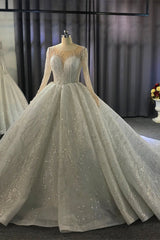 Shiny Ball Gown Tulle Jewel Long Sleevess Ruffless Wedding Dress-Ballbella