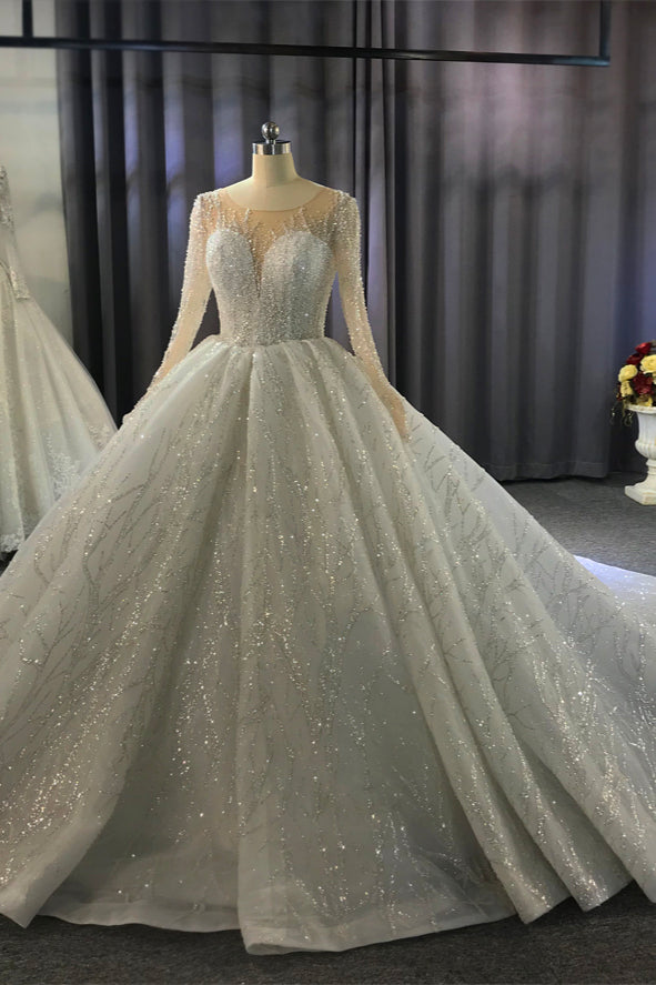 Shiny Ball Gown Tulle Jewel Long Sleevess Ruffless Wedding Dress-Ballbella