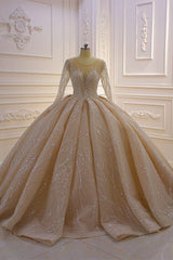 Shiny Ball Gown Tulle Jewel Long Sleevess Ruffless Wedding Dress-Ballbella