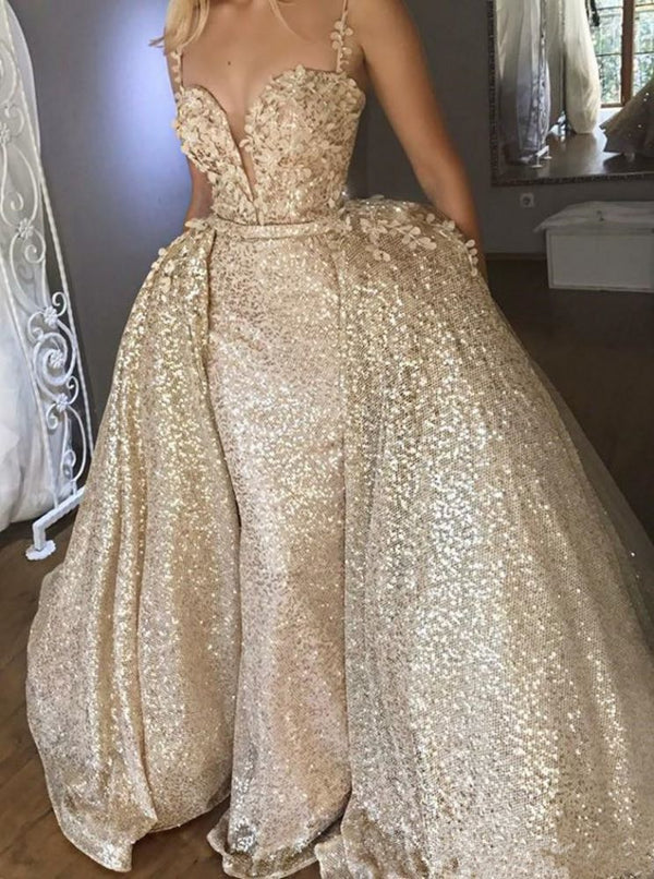 Shiny Champagne Sequins V-neck Spaghetti Straps Appliques Prom Dresses With Detachable Skirt-Ballbella