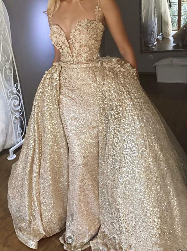 Shiny Champagne Sequins V-neck Spaghetti Straps Appliques Prom Dresses With Detachable Skirt-Ballbella