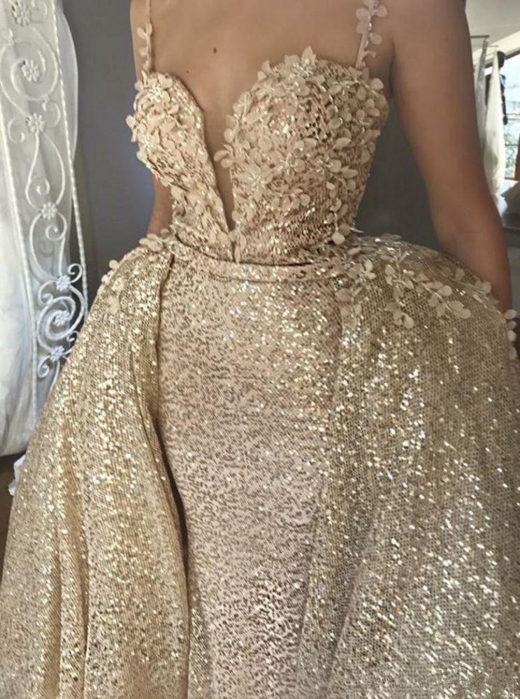 Shiny Champagne Sequins V-neck Spaghetti Straps Appliques Prom Dresses With Detachable Skirt-Ballbella