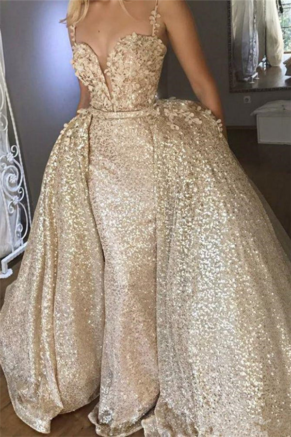 Shiny Champagne Sequins V-neck Spaghetti Straps Appliques Prom Dresses With Detachable Skirt-Ballbella