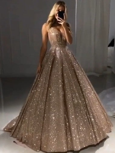 Shiny Gold Ball Gown Evening Dresses Chic V-Neck Sequin Prom Dresses-Ballbella