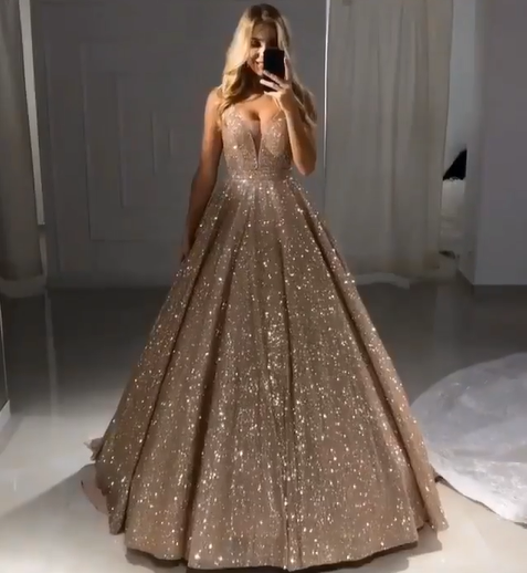 Shiny Gold Ball Gown Evening Dresses Chic V-Neck Sequin Prom Dresses-Ballbella