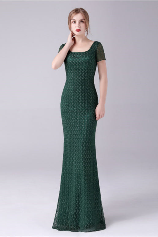 Short sleeves Square Lace Floor Length Backless Mermaid moteher's dress-Ballbella