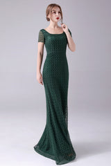 Short sleeves Square Lace Floor Length Backless Mermaid moteher's dress-Ballbella