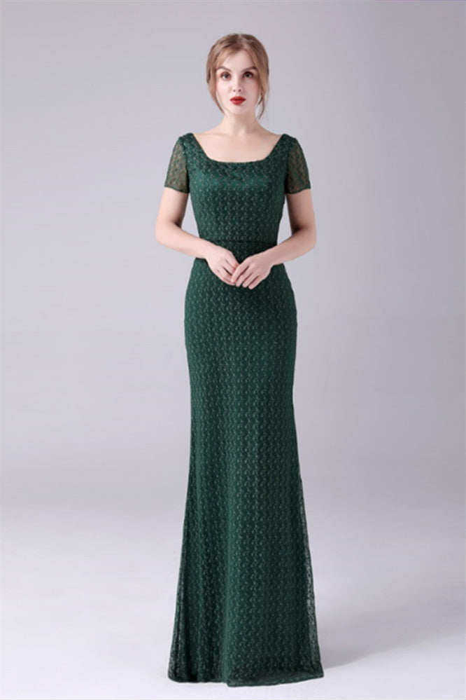 Short sleeves Square Lace Floor Length Backless Mermaid moteher's dress-Ballbella