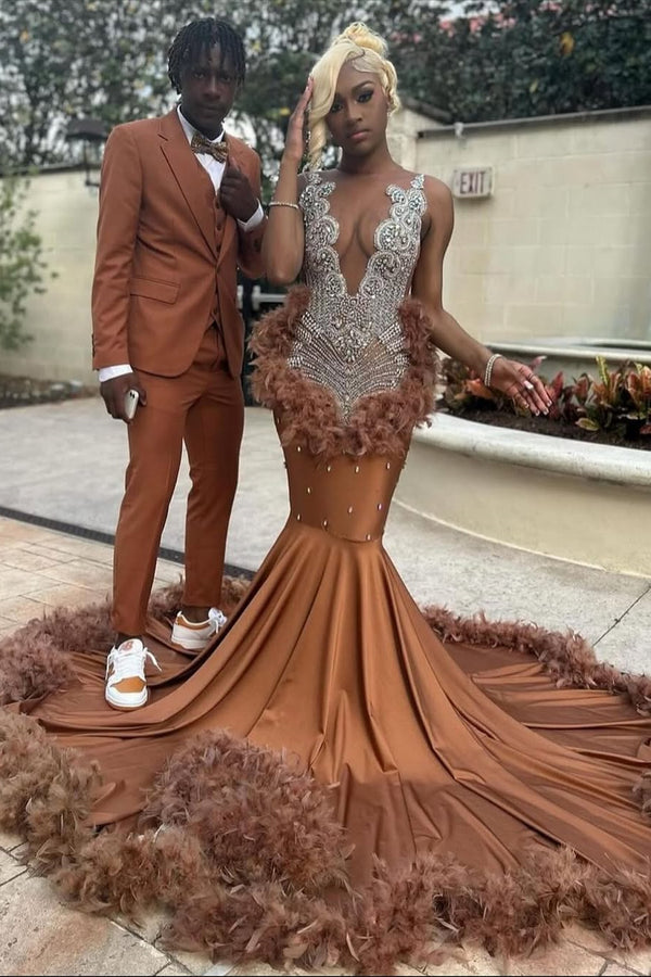 Silver Beaded Deep V-neck Brown Feathers Mermaid Prom Dresses-Ballbella