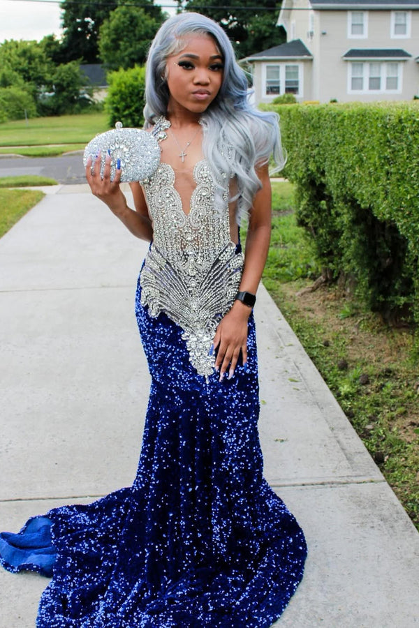 Silver Beaded Royal Blue Court Train Mermaid Sequin Long Prom Dresses-Ballbella