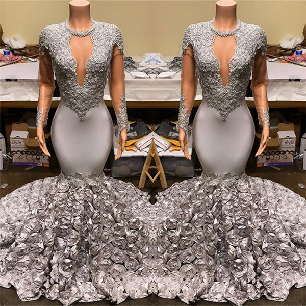 Silver Fit and Flare Floral Prom Dresses Wholesale Lace Appliques Real Shooting Prom Party Gowns-Ballbella