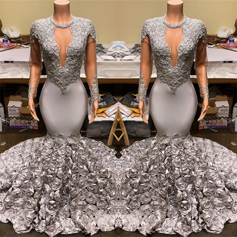 Silver Fit and Flare Floral Prom Dresses Wholesale Lace Appliques Real Shooting Prom Party Gowns-Ballbella