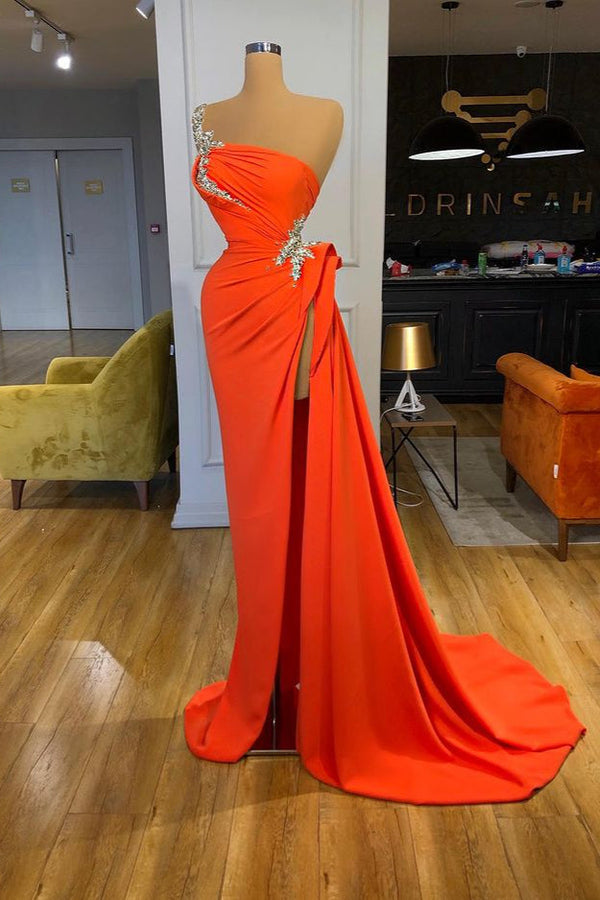 Silver Sequined One-shoulder Orange High-split Prom Dress-Ballbella