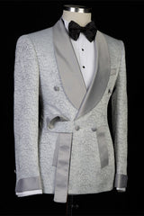 Silver Shawl Lapel Double Breasted Jacquard Wedding Suits-Ballbella