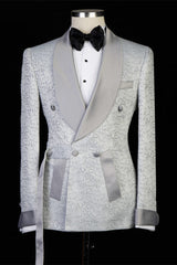 Silver Shawl Lapel Double Breasted Jacquard Wedding Suits-Ballbella