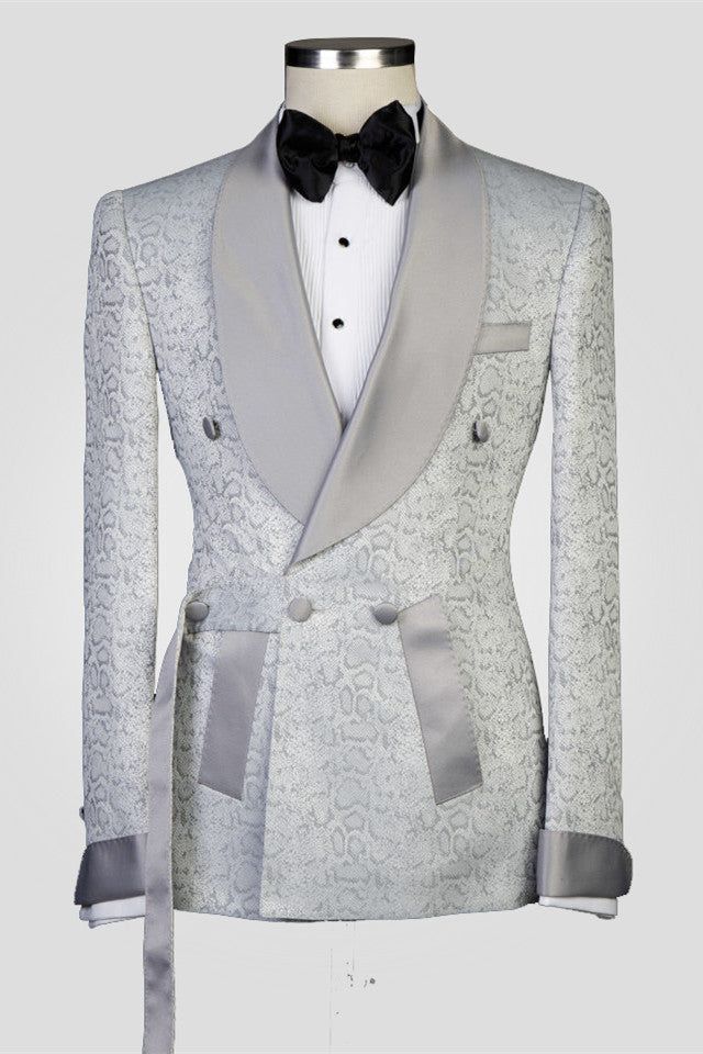 Silver Shawl Lapel Double Breasted Jacquard Wedding Suits-Ballbella