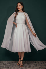 Simple Beaded White Chiffon Summer Wedding Dress with Cape-Ballbella