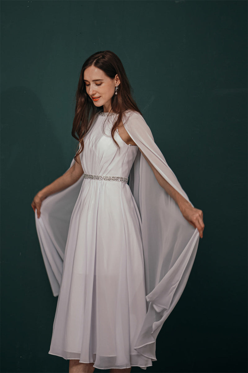 Simple Beaded White Chiffon Summer Wedding Dress with Cape-Ballbella