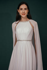 Simple Beaded White Chiffon Summer Wedding Dress with Cape-Ballbella