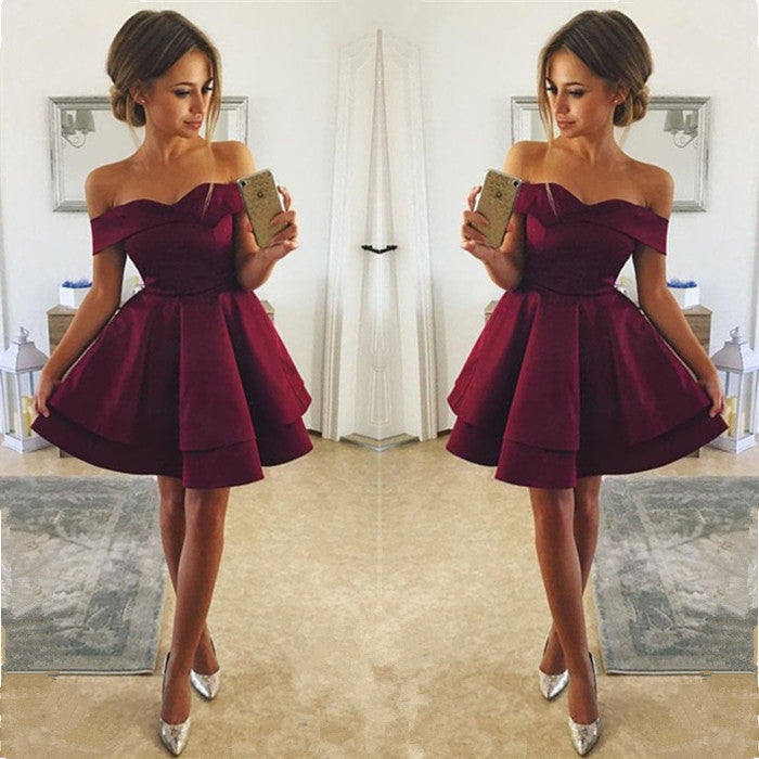 Simple Burgundy Short Homecoming Dresses Off Shoulder A-Line Hoco Dresses-Ballbella