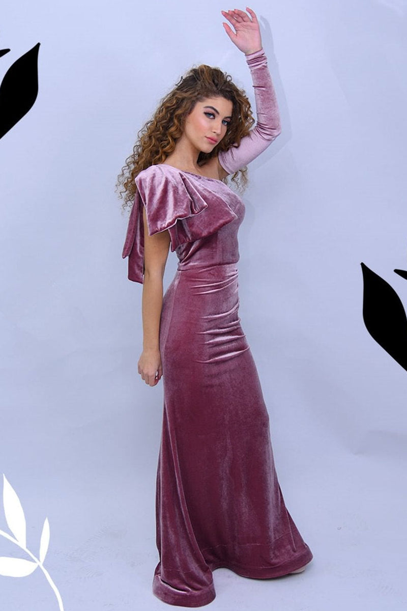 Simple One shoulder Velvet Floor length Mermaid Prom Dress-Ballbella