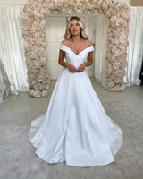 Simple Retro White Off the shoulder A line Bridal Gowns-Ballbella