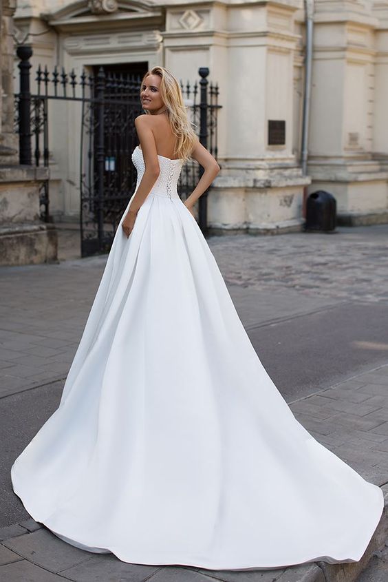 Simple Strapless White A line Zipper up A line Princess Wedding Dress-Ballbella