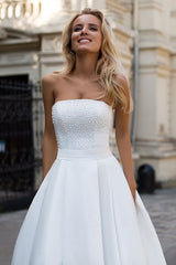 Simple Strapless White A line Zipper up A line Princess Wedding Dress-Ballbella