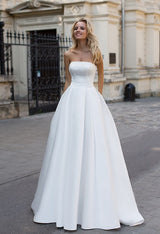 Simple Strapless White A line Zipper up A line Princess Wedding Dress-Ballbella