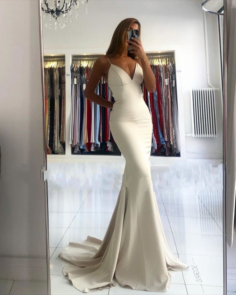 Simple style V-neck Mermaid Ivory Spaghetti Strap Evening Dress-Ballbella