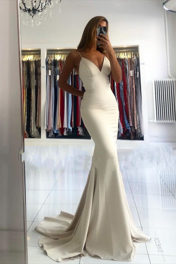 Simple style V-neck Mermaid Ivory Spaghetti Strap Evening Dress-Ballbella