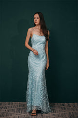 Sky blue Lace Criss-cross back Mermaid Prom Dress-Ballbella