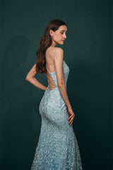 Sky blue Lace Criss-cross back Mermaid Prom Dress-Ballbella