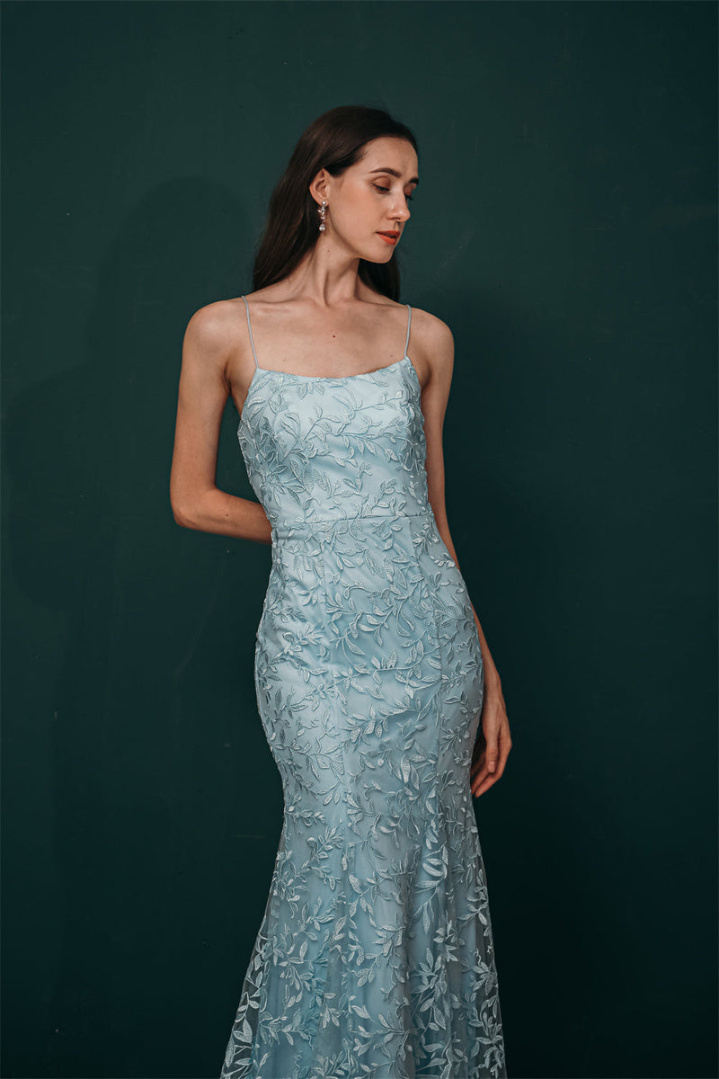 Sky blue Lace Criss-cross back Mermaid Prom Dress-Ballbella