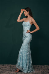 Sky blue Lace Criss-cross back Mermaid Prom Dress-Ballbella