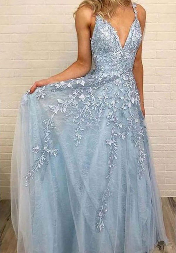 Sky Blue Lace Prom Dresses Deep V-neck A Line Long Party Elegant Floor Length Women Evening Gowns-Ballbella