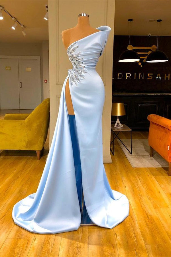 Sky Blue One shoulder High split Beaded Long Mermaid Prom Dress-Ballbella