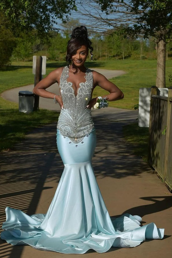 Sky Blue Silver Beaded Satin Mermaid Sleeveless Long Prom Dresses-Ballbella